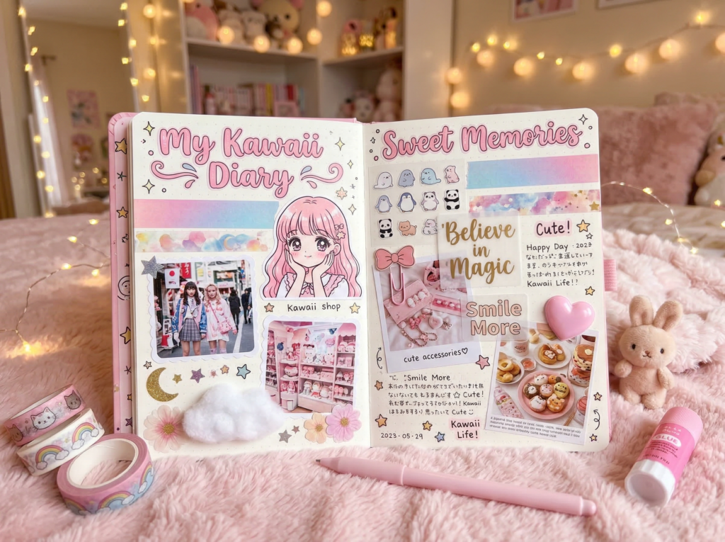 a dreamy kawaii journal collage on a soft pink flu 1773743105384